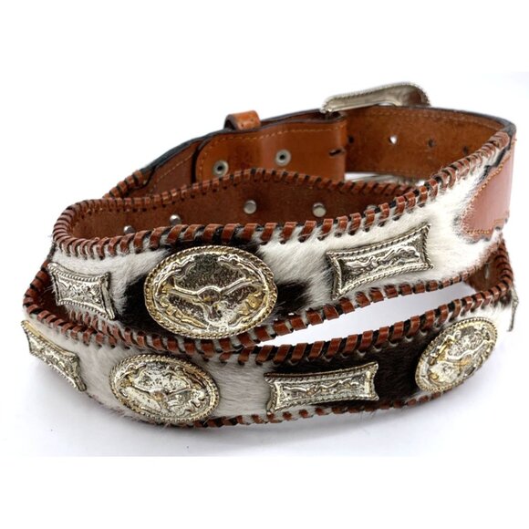 Leather Belt Cowhide Concho Mexico Men’s Size 38-44 Brown Western Cowboy - Picture 4 of 5
